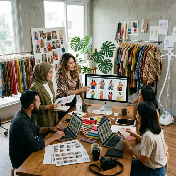 Tim kreatif fashion mendiskusikan campaign visual dengan model beragam Tim kreatif fashion mendiskusikan campaign visual dengan model beragam