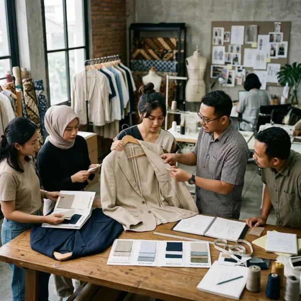 Tim fashion mengembangkan lightweight formalwear di studio desain Tim fashion mengembangkan lightweight formalwear di studio desain