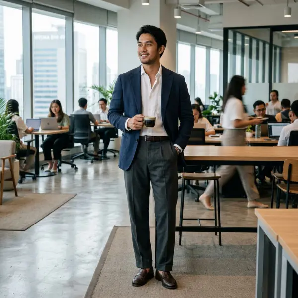 Relaxed tailoring formalwear modern dengan konstruksi ringan Relaxed tailoring formalwear modern dengan konstruksi ringan