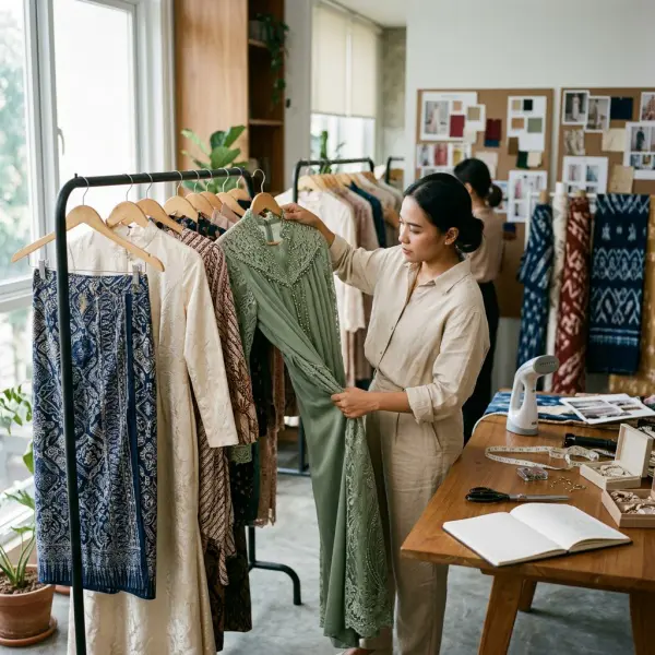 proses styling outfit kondangan di studio fashion modern