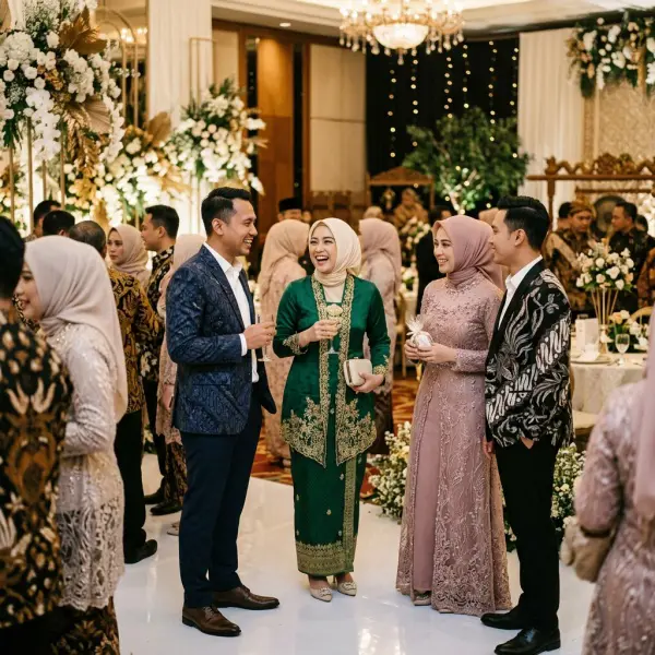 suasana tamu kondangan modern dengan outfit formal elegan di Indonesia