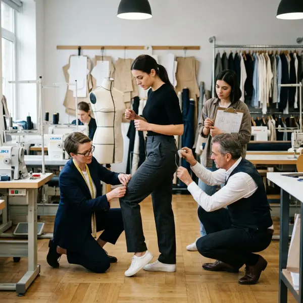 Tim fashion melakukan fitting celana kerja formal Tim fashion melakukan fitting celana kerja formal