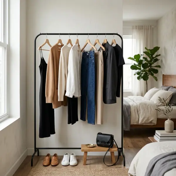 Lemari pakaian minimalis dengan kombinasi outfit untuk konten media sosial Lemari pakaian minimalis dengan kombinasi outfit untuk konten media sosial