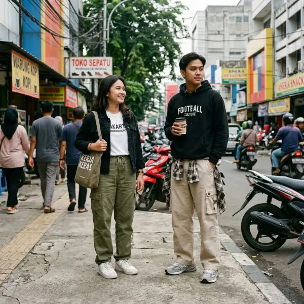 Anak muda memakai cargo pants dalam gaya streetwear urban Indonesia