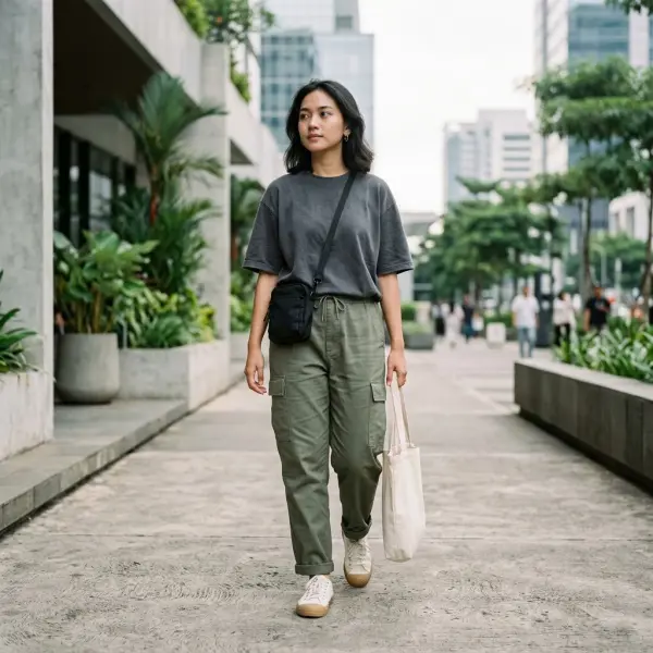 Styling utility fashion minimalis dengan cargo pants