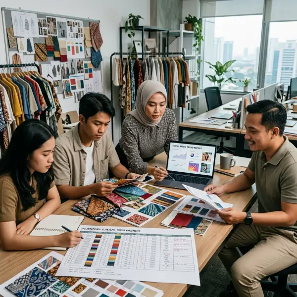 Tim fashion membahas perencanaan produksi tren fashion media sosial