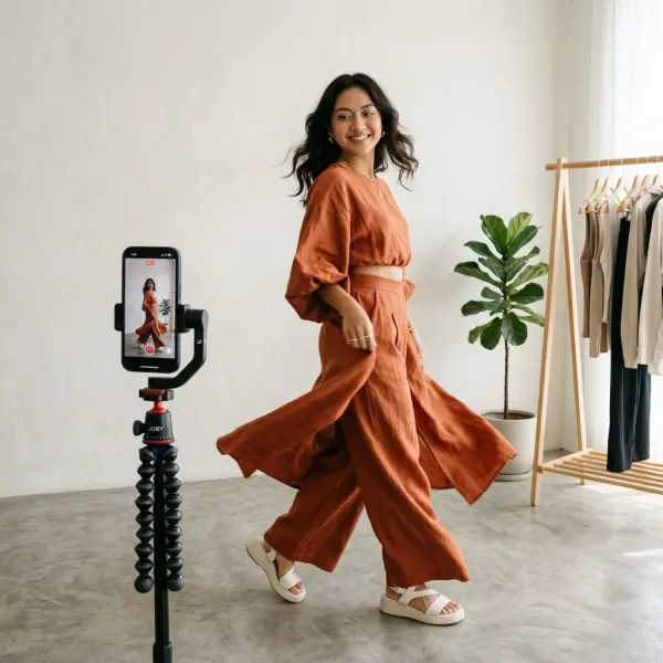 Model fashion melakukan video try-on outfit untuk media sosial