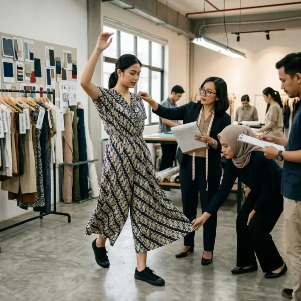 Tim fashion melakukan pengujian kenyamanan pakaian sebelum produksi