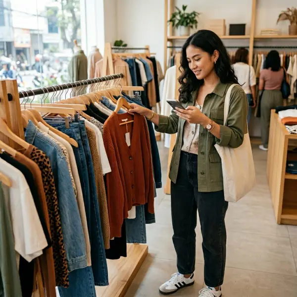 Konsumen muda memilih outfit sambil melihat feed Instagram di smartphone Konsumen muda memilih outfit sambil melihat feed Instagram di smartphone