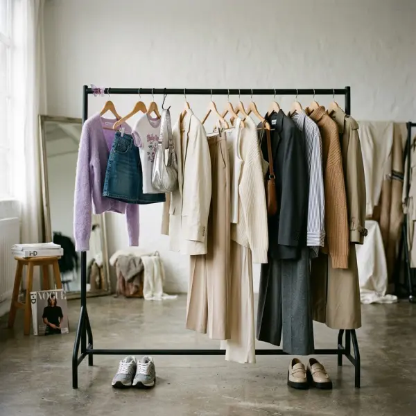 Berbagai outfit microtrend fashion tersusun di rak pakaian modern Berbagai outfit microtrend fashion tersusun di rak pakaian modern