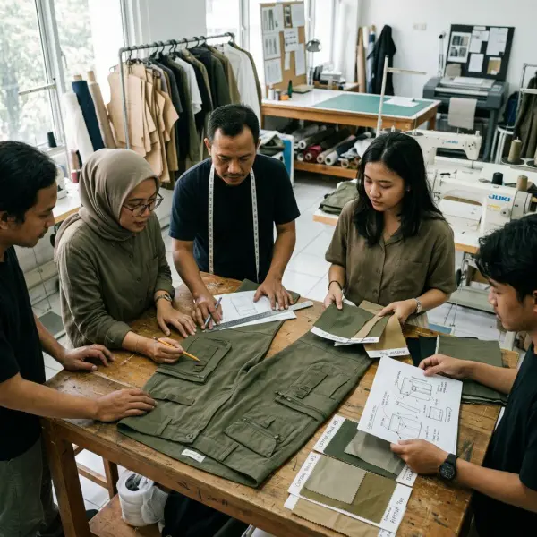 Tim fashion product development mengembangkan desain cargo pants Tim fashion product development mengembangkan desain cargo pants