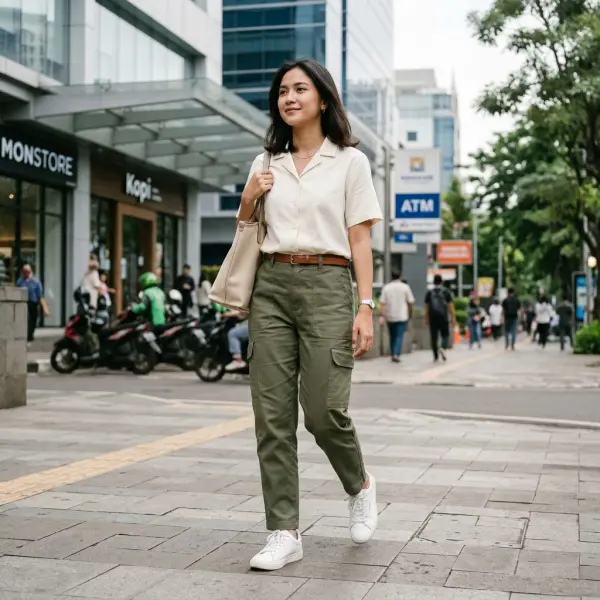 Proporsi outfit cargo pants modern yang terlihat rapi dan seimbang