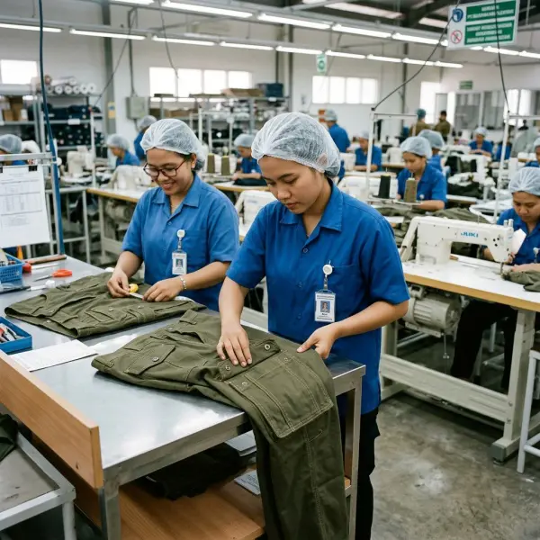 Pemeriksaan kualitas cargo pants di pabrik garmen
