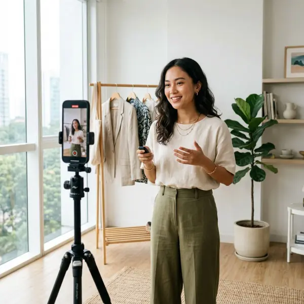 Kreator fashion membuat konten outfit menggunakan smartphone Kreator fashion membuat konten outfit menggunakan smartphone
