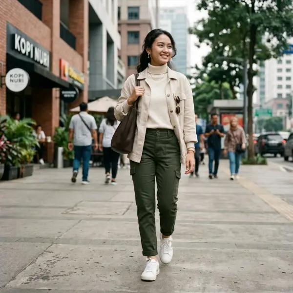 Outfit cargo pants dengan proporsi styling yang tepat