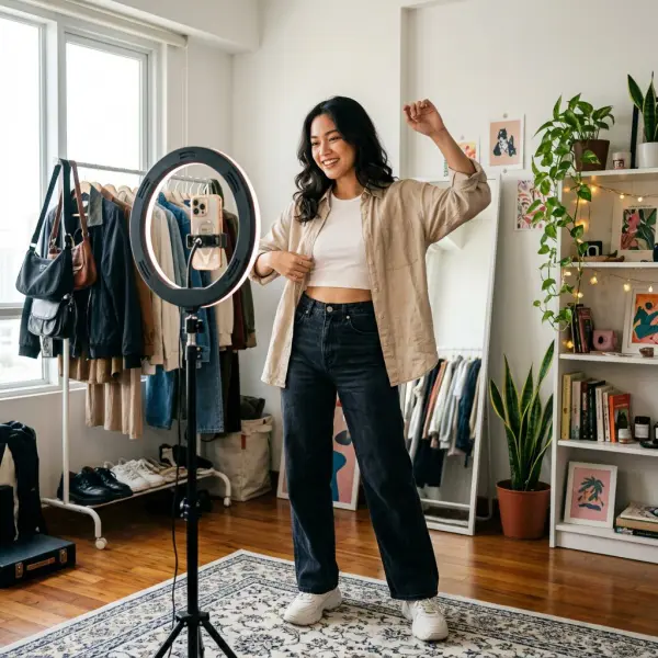 Kreator konten fashion membuat video outfit untuk TikTok Kreator konten fashion membuat video outfit untuk TikTok
