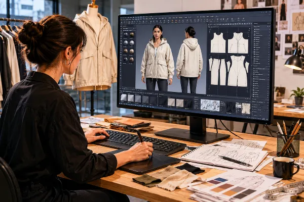 Fashion designer using 3D garment simulation software in a modern apparel development studio Fashion designer using 3D garment simulation software in a modern apparel development studio