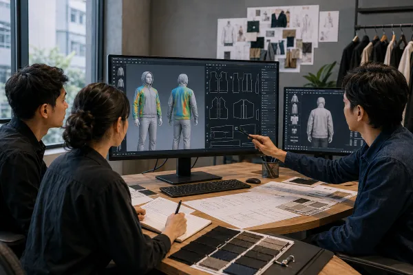 Technical apparel team reviewing digital garment fit and construction details Technical apparel team reviewing digital garment fit and construction details