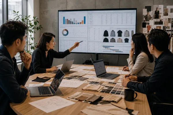 Fashion business team analyzing digital apparel development workflow and sampling costs Fashion business team analyzing digital apparel development workflow and sampling costs