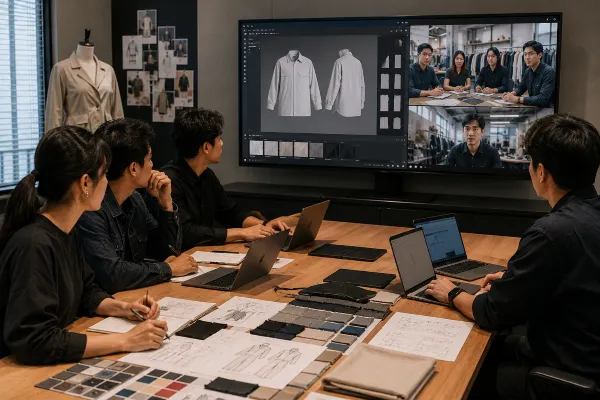 Fashion brand and garment supplier reviewing virtual clothing samples remotely Fashion brand and garment supplier reviewing virtual clothing samples remotely