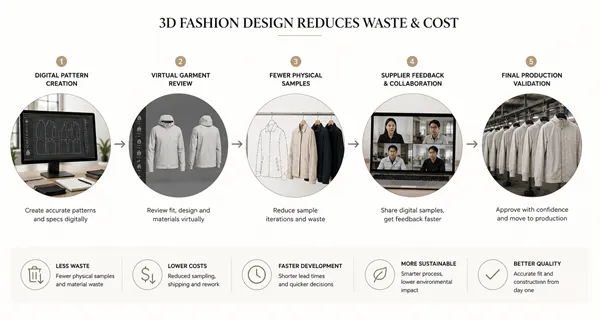 3D fashion design workflow reducing apparel sampling waste and development costs 3D fashion design workflow reducing apparel sampling waste and development costs