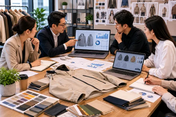 Apparel business team analyzing development cost savings from 3D fashion design Apparel business team analyzing development cost savings from 3D fashion design