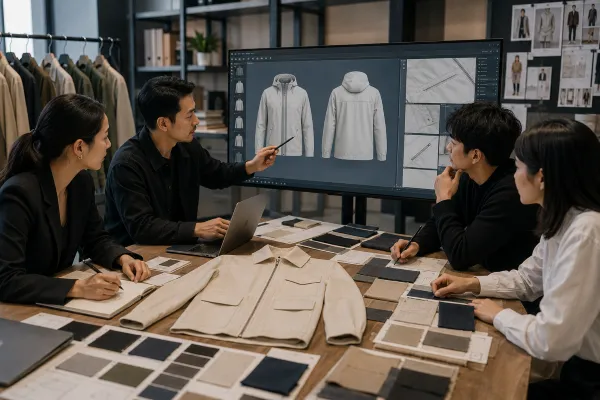 Fashion product development team reviewing virtual samples to reduce physical fabric waste Fashion product development team reviewing virtual samples to reduce physical fabric waste
