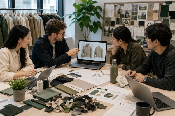 Fashion sustainability team evaluating digital sampling and material waste reduction carefully Fashion sustainability team evaluating digital sampling and material waste reduction carefully