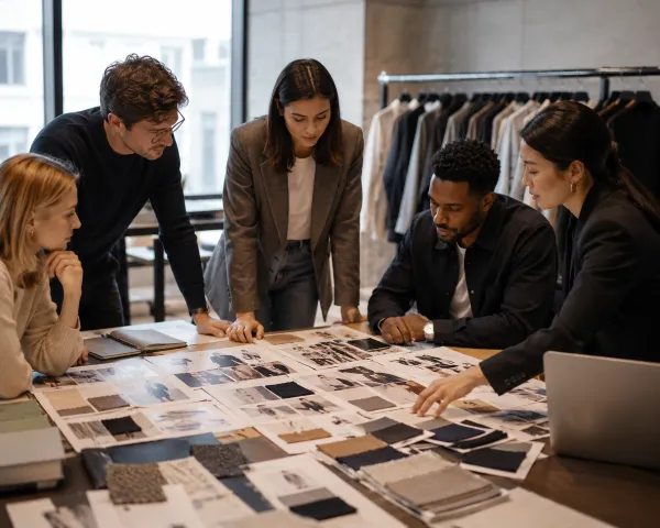 Fashion brand team discussing consumer identity and lifestyle positioning Fashion brand team discussing consumer identity and lifestyle positioning