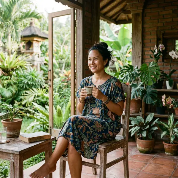 Perempuan memakai daster favorit nyaman di rumah tropis Perempuan memakai daster favorit nyaman di rumah tropis