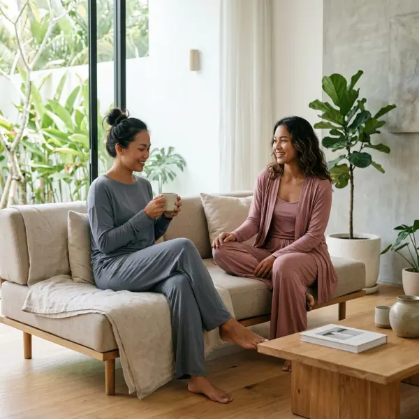 Set loungewear premium berbahan modal di ruang rumah minimalis