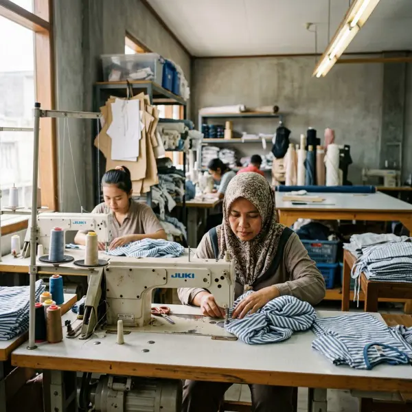 Produksi pakaian rumahan berbahan katun di workshop garment