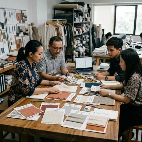 Tim sourcing memeriksa sampel kain homewear di studio fashion