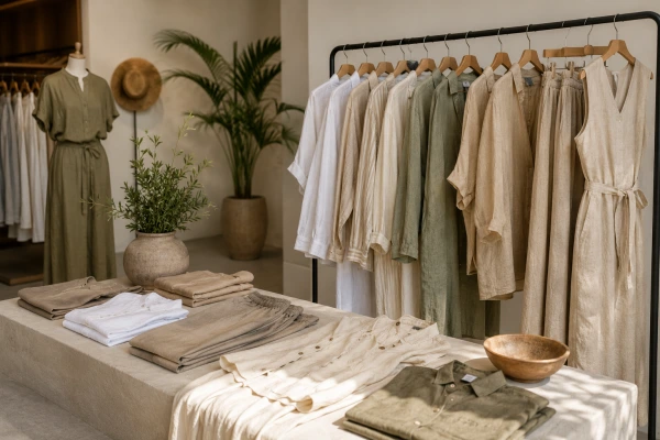 Premium retail display featuring linen shirts, trousers, dresses, and natural fabric styling