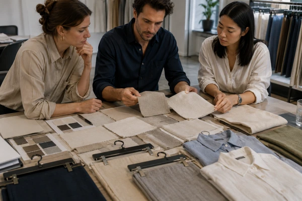 Apparel sourcing team comparing pure linen and linen blend fabric swatches
