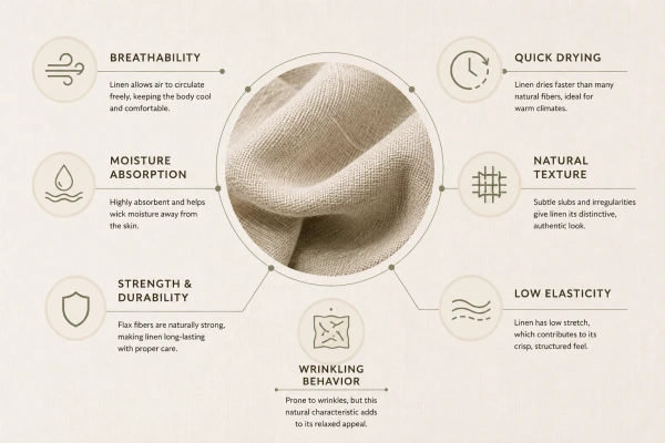 Simple framework showing key linen fabric properties including breathability, texture, strength, absorbency, and wrinkling