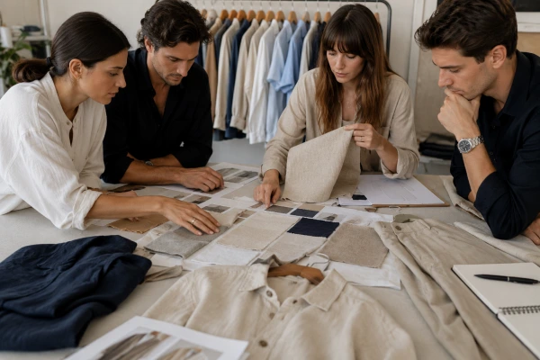 Fashion product development team reviewing linen fabric swatches and garment samples