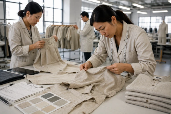 Quality control inspection of linen garments checking seams, measurements, shrinkage, and fabric texture