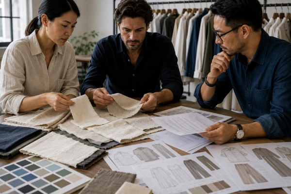Fashion sourcing team reviewing cotton and linen fabric costs for summer apparel collection Fashion sourcing team reviewing cotton and linen fabric costs for summer apparel collection