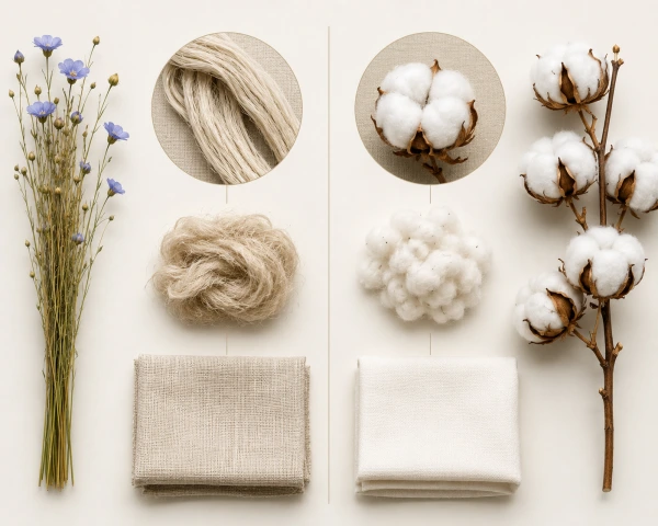 Simple visual comparison of flax fiber for linen and cotton fiber for cotton fabric Simple visual comparison of flax fiber for linen and cotton fiber for cotton fabric