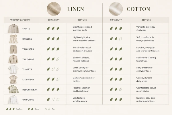 Framework comparing linen and cotton suitability across summer fashion product categories Framework comparing linen and cotton suitability across summer fashion product categories