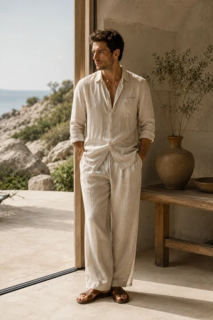 Elevated casualwear styling with premium linen co-ord set and relaxed tailoring