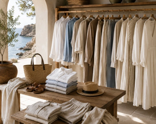 Premium linen resortwear collection with breathable shirts, trousers, and dresses