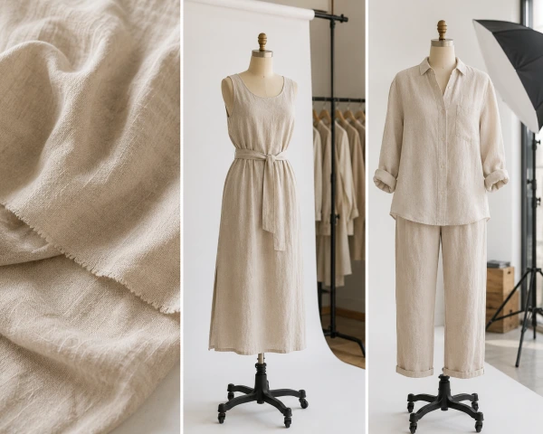 Premium e-commerce photography setup showing linen garment texture, drape, and styling