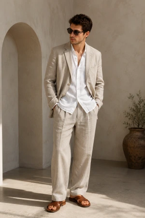 Premium linen fashion editorial showing relaxed summer tailoring and natural fabric texture