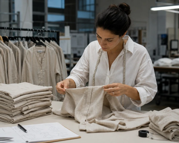 Quality inspection of premium linen garments checking seams, finishing, and fabric texture