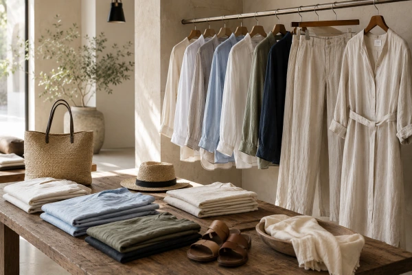 Understated luxury retail display with premium linen shirts, trousers, and summer dresses