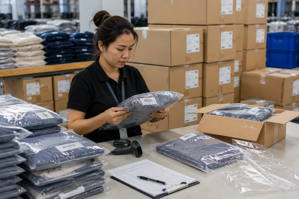 Garment packaging inspection for labels barcodes folding and cartons