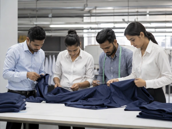 Garment quality control team inspecting apparel production samples in a modern factory