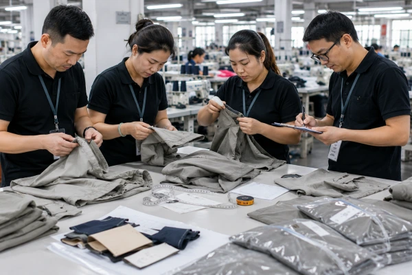 Apparel quality control team identifying common garment defects in a factory Apparel quality control team identifying common garment defects in a factory